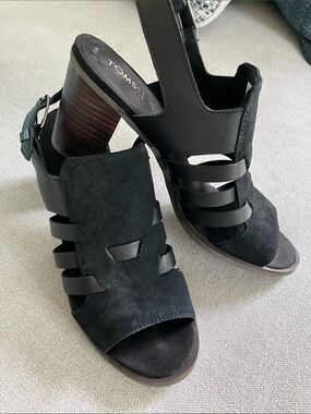 TOMS Black Suede Strappy Block Heel Sandals with Stacked Wood Heel